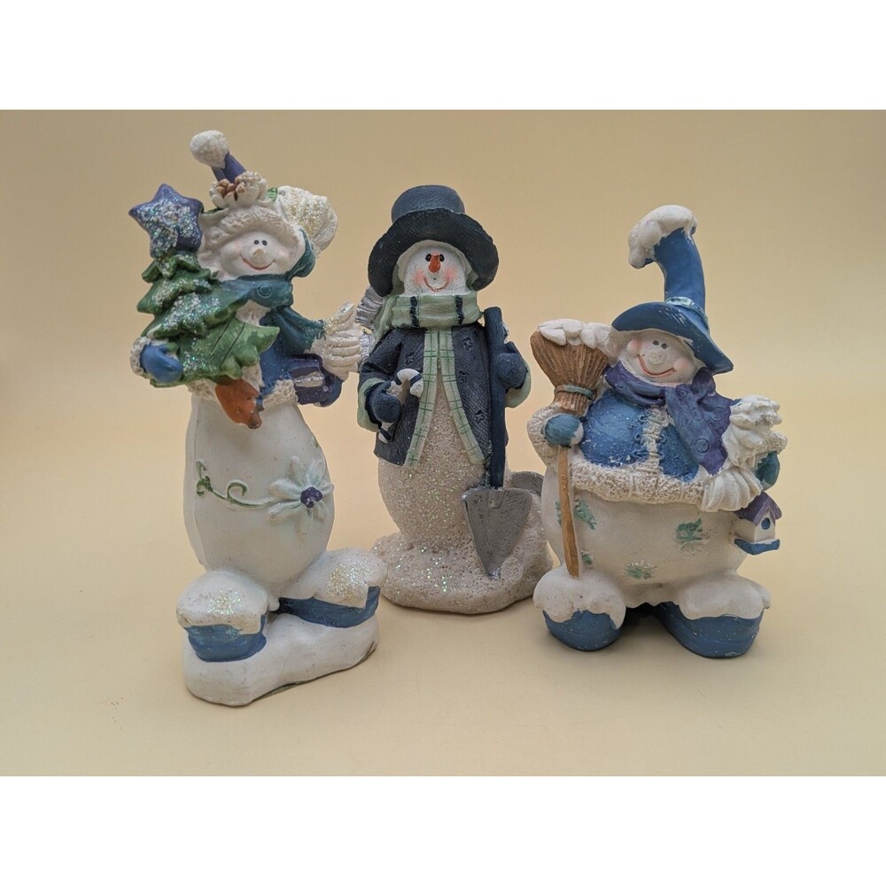 Lot of 3 Greenbrier International Polystone Snowman Figurines Christmas Glitter